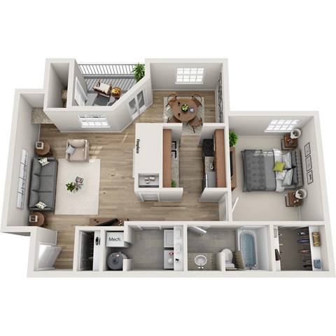 Floor plan for 1 bed, 1 bath, 730 sqft